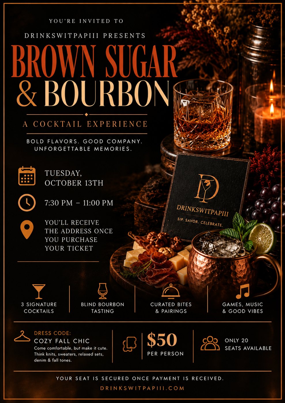 Brown Sugar and Bourbon cocktail experience event flyer