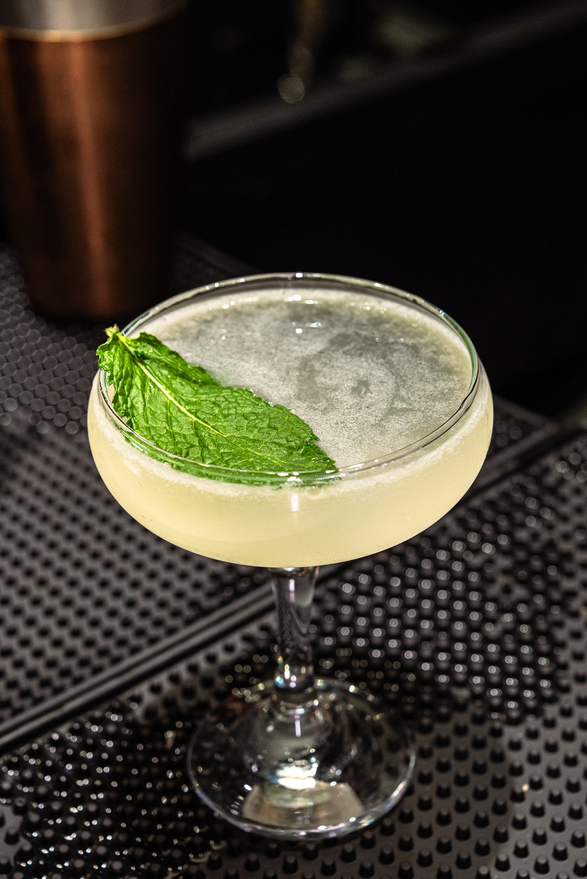 Pale coupe cocktail with mint garnish